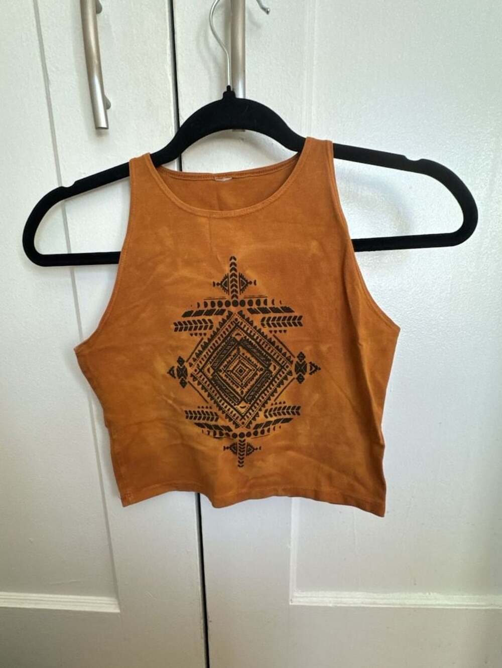Goldenrod Orange Crop Top Tank with Black Aztec Tribal Graphic Hippie Boho Festi